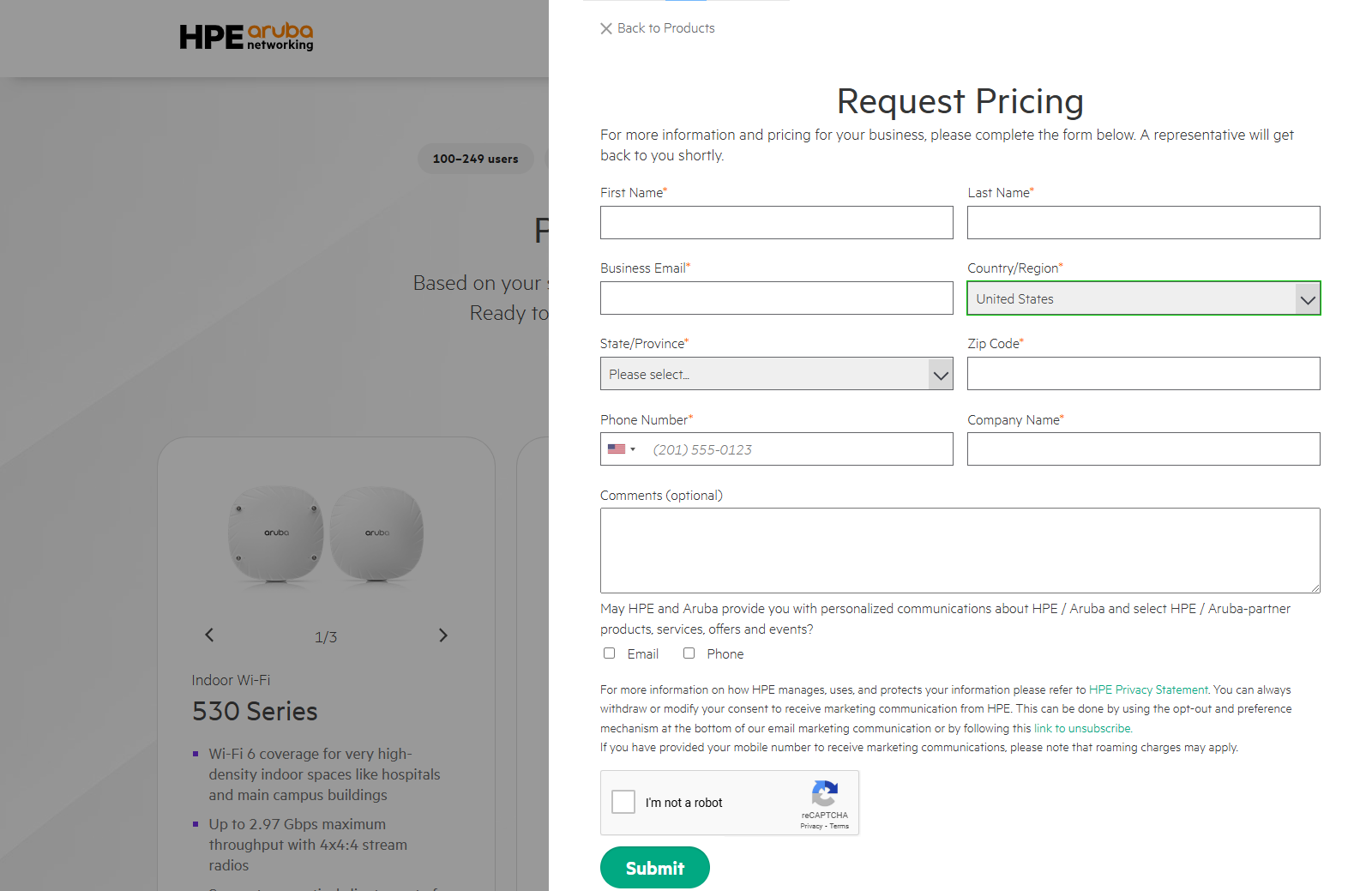 SMB product wizard: contact form
