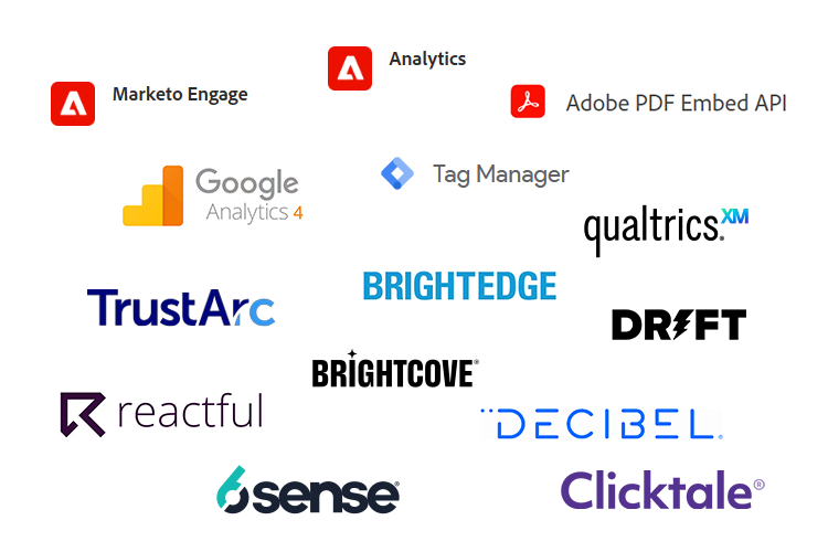 Logos of 3rd party tools used on arubanetworks.com: Marketo, Adobe Analytics, Google Analytics (GA4), Google Tag Manager, Qualtrics, TrustArc, Drift, Reactful, Decibel, 6sense, Clicktale.