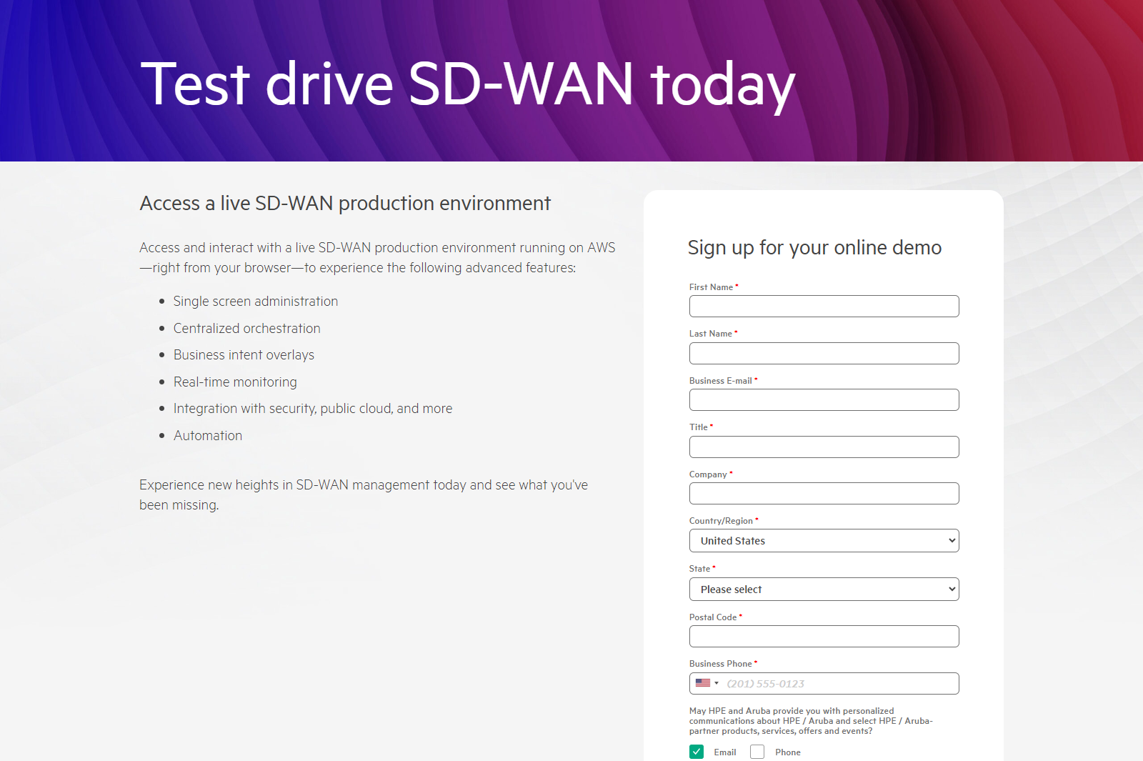 Screenshot of a landing page